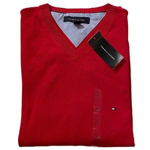 TOMMY HILFIGER MEN’S V-NECK SWEATER RED 100% COTTON SIZE XL NEW W/ TAGS